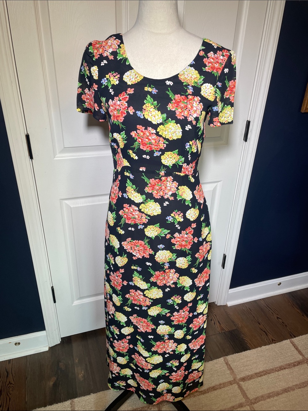 Vintage Laura Ashley Hydrangea Floral Maxi Dress 90s Black Cottage Size 4